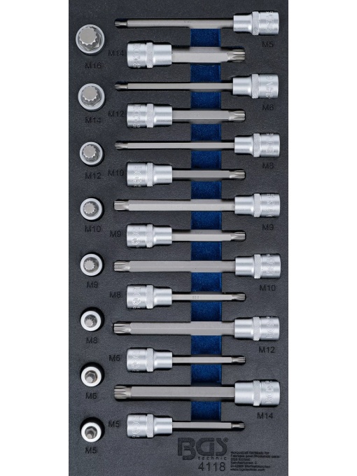 Set biţi profil Spline (XZN) M5-M16 | suport organizator 44929 pentru dulap de scule | 22 piese, BGS 4118