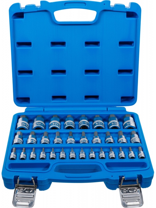 Set biţi 6,3 mm (1/4") / 10 mm (3/8") / 12,5 mm (1/2") hexagon interior 2 - 19 mm / 1/4 - 9/16" marimi metric şi ţoli 32 piese, BGS 74258