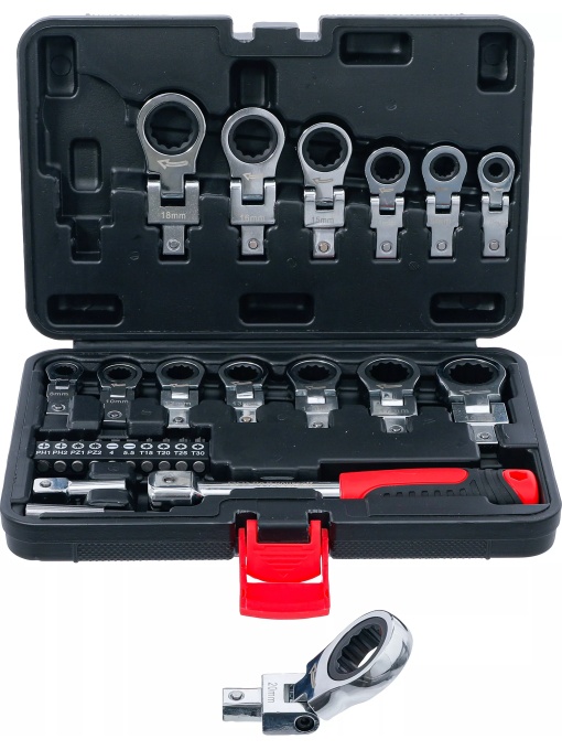 Set chei inelare cu clichet capete ataşabile 6 - 20 mm, set biţi, 27 piese, B-84529