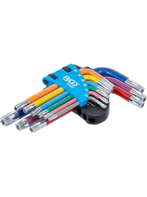 Set chei tip L, multicoloră, scurte, profil T (pentru Torx) cu alezaj T10 - T50, 9 piese, BGS 74460