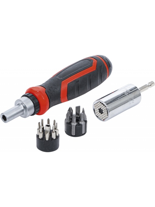 Set biţi de precizie / cap cheie multiplu | cu mâner rotativ cu clichet pentru biţi, comutabil | 17 piese, BGS DIY 20817