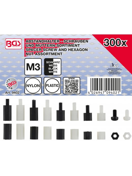 Sortiment şuruburi suport distanţier şi Sortiment piuliţe hexagonale | Nylon | 300 piese, BGS 9402