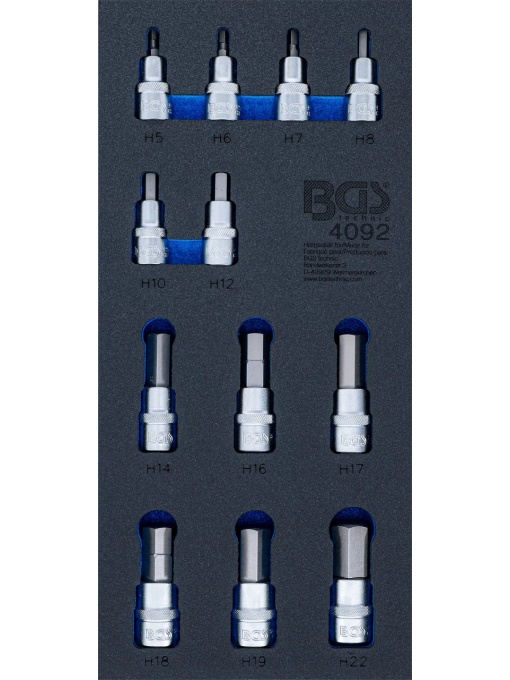 Echipare pentru dulap 1/3, Set biti hexagonali pe tubulara purtatoare act. 1/2", HEX 5-HEX 22, 12 piese, BGS 4092