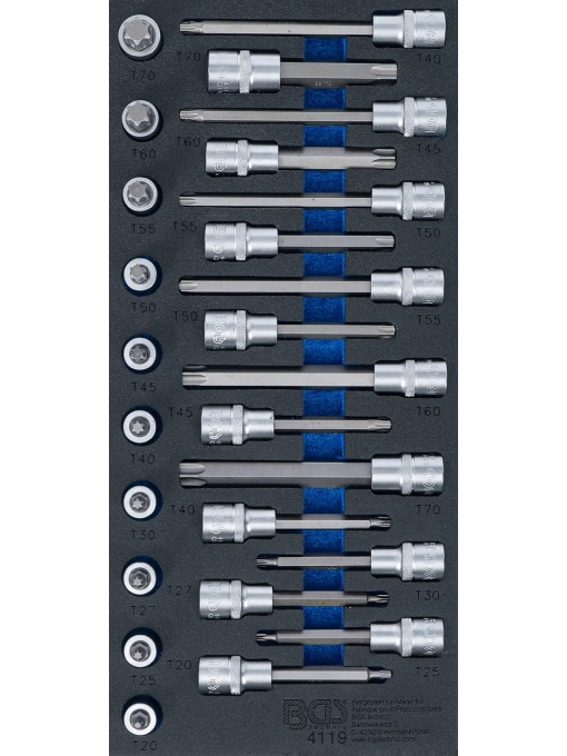 Set biţi profil Torx T20-T70 cu tubulara 1/2" in suport organizator 44929 pentru dulap de scule | 26 piese, BGS 4119