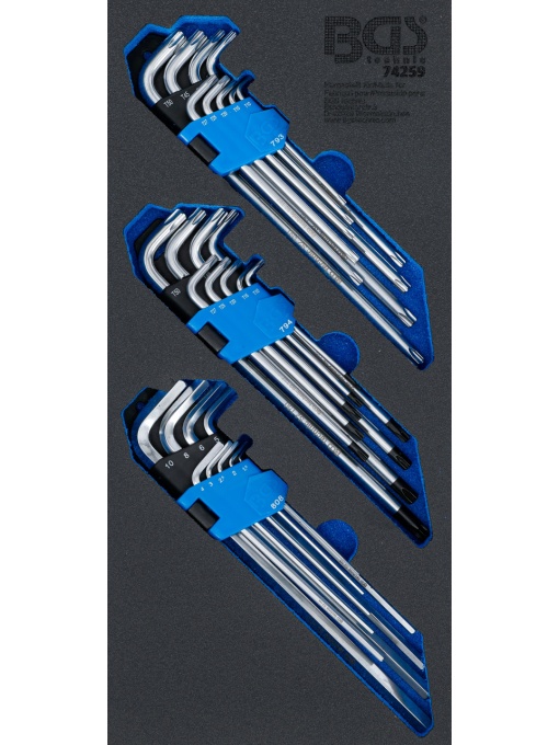 Set chei tip L extra lungi Profil Torx, Profil Torx cu gaura, Profil Inbus, 3 seturi, 27 piese, BGS 74259