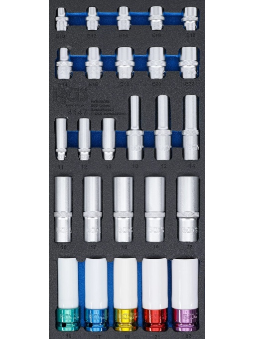 Tubulare hexagonale adânci 11, 22 mm, Profil E E10 - E22, 6,3 mm (1/4"), 10 mm (3/8"), 12,5 mm (1/2") 26 piese, BGS 4147