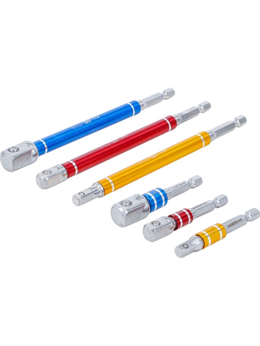 Set adaptoare pentru maşini de găurit, colorate, antrenare 6 colțuri exterior 6,3 mm (1/4"), 75 - 150 mm, 6 piese, BGS 74424