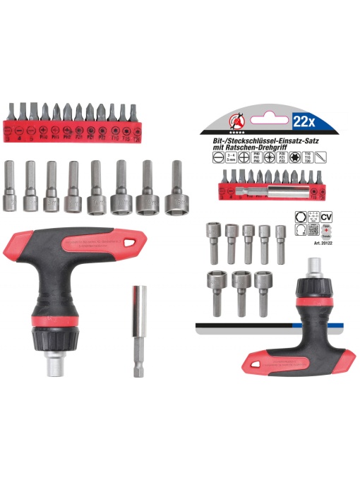 Set biti si chei tubulare cu antrenor cu clichet pentru biti, comutabil, varianta maner T, 22 piese, BGS DIY 20122