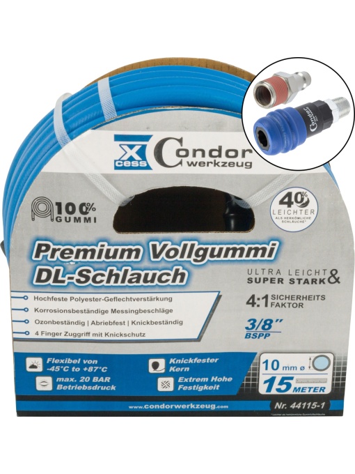 Furtun DL ø10mmx15m, cauciuc solid de calitate superioară, cuplare în 2 trepte, Condor 44115-3