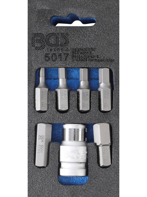 Set biti Imbus 45028 mm, antrenare hexagon 10 mm (3/8"), adaptor 12.5 mm (1/2"), 7 piese, BGS 5017