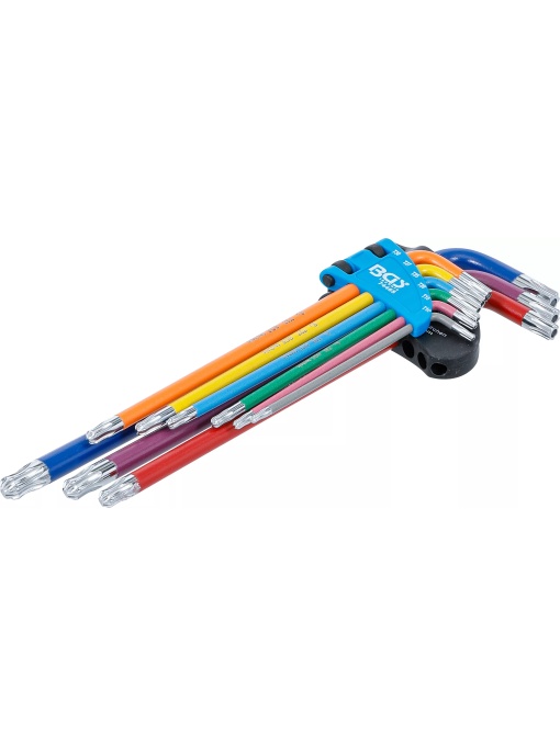 Set chei tip L multicoloră extra lungă profil T (pentru Torx) cu gaură şi cap sferic T10 - T50 9 piese, BGS 74465