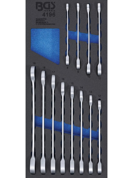 Set chei combinate cu clichet 8 - 19 mm in suport organizator 44929 pentru dulap de scule mobil, 12 piese, BGS 4196