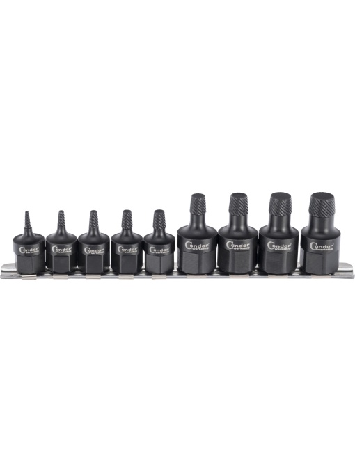 Extractoare de suruburi ø 2-14 mm, profil torsadat, antrenare 3/8 + 1/2 ”, 9 piese, Condor 2111