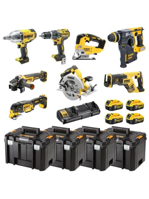 Set 8 scule cu acumulator Li-Ion 18 V , 4 acumulatori Li-Ion 5 Ah, incarcator, 4 valize profesionale TSTAK VI, Dewalt DCK865P4T