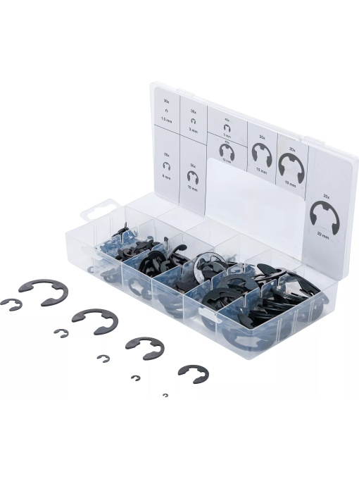 Set inele de siguranţa Tip E, dimensiuni 1,5 - 22 mm, 300 piese, BGS 8039