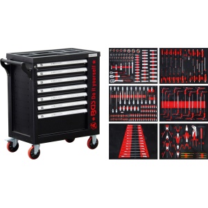 Cărucior atelier, 7 sertare, 1 uşă laterală, cu 250 unelte, BGS DIY 6058 - Img 1