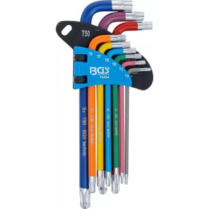 Set chei tip L multicoloră profil T (pentru Torx) cu gaură şi cap sferic T10 - T50 9 piese, BGS 74464 - Img 1