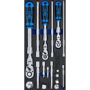 Suport organizator pentru cărucior 1/3: Set chei cu clichet reversibil | extensibil, articulat | 6,3 mm (1/4") - 10 mm (3/8") - 12,5 mm (1/2") | 17 piese, BGS 4798
