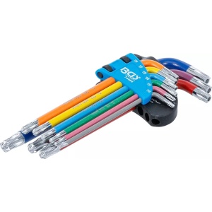 Set chei tip L multicoloră profil T (pentru Torx) cu gaură şi cap sferic T10 - T50 9 piese, BGS 74464 - Img 2
