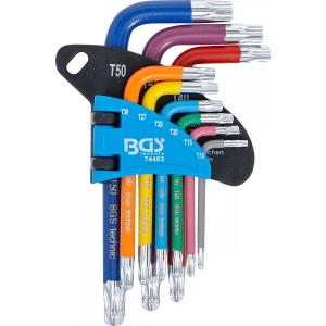 Set chei tip L multicoloră scurte profil T (pentru Torx) cu gaură şi cap sferic T10 - T50 9 piese, BGS 74463 - Img 2
