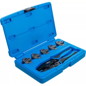 Cleste de sertizat papuci, pini, terminale si conectori pentru cabluri electrice + 5 perechi de bacuri pentru aplicatii diferite, BGS 1410 - Img 3