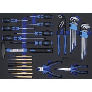 Echipare pentru dulap de scule mobil : surubelnite, ciocan, dornuri, cleste papagal, imbusuri, torxuri, sfic si spit, BGS 4038 - Img 1