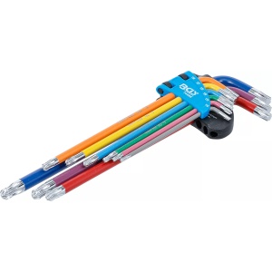 Set chei tip L multicoloră extra lungă profil T (pentru Torx) cu cap sferic T10 - T50 9 piese, BGS 74468 - Img 1