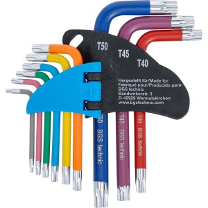 Set chei tip L, multicoloră, scurte, profil T (pentru Torx) cu alezaj T10 - T50, 9 piese, BGS 74460 - Img 3