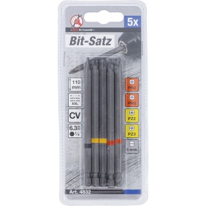 Set biţi, Antrenare hexagon exterior 6,3 mm (1/4"), Cap cruce PH, Cap cruce PZ, lamă dreaptă, Lungime 110 mm, 5 piese, BGS DIY 4832 - Img 5