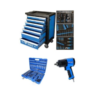 Banc de scule mobil cu 7 sertare, 207 scule + Trusa cu tubulare si biti cu 3 clicheti + pistol de impact 1450 Nm, BT153380KP