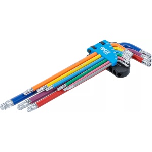 Set chei tip L multicoloră extra lungă profil T (pentru Torx) cu gaură şi cap sferic T10 - T50 9 piese, BGS 74465 - Img 1