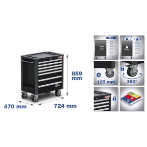 Dulap de scule cu 7 sertare echipat cu clicketi si tubulare, biti cu tubulare 1/4" + 3/8” + 1/2”, chei combinate, ciocane si clesti combinati, 209 piese piese, BGS 4140 - Img 2