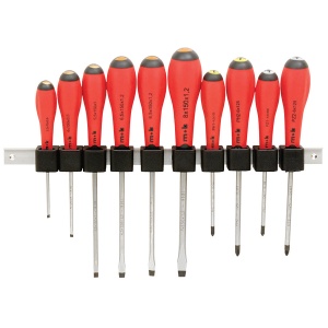Set 10 Surubelnite cu maner bimaterial Practic 10 in suport cu clema pentru prindere pe panou de scule, Mob&Ius 9128010001 - Img 1