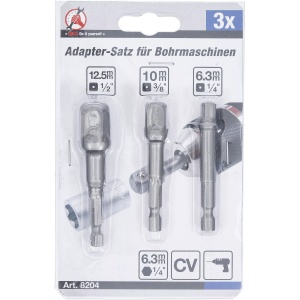 Set adaptoare pentru maşini de gaurit 6,3 mm (1/4") pentru tubulare cu antrenare 6,3 mm (1/4") / 10 mm (3/8") / 12,5 mm (1/2"), 3 piese, BGS DIY 8204 - Img 2