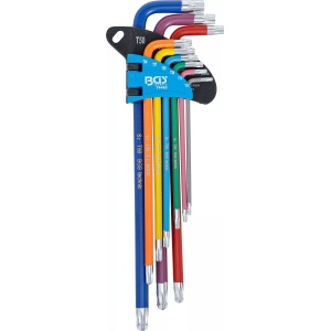 Set chei tip L multicoloră extra lungă profil T (pentru Torx) cu gaură şi cap sferic T10 - T50 9 piese, BGS 74465 - Img 2