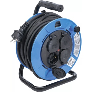 Rola prelungitor cablu electric 25 m, sectiune 3 x1,5 mm², 4 prize cu capac inchidere, IP 44, 3500 W, BGS 3375 - Img 1