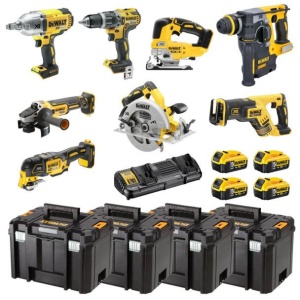 Set 8 scule cu acumulator Li-Ion 18 V , 4 acumulatori Li-Ion 5 Ah, incarcator, 4 valize profesionale TSTAK VI, Dewalt DCK865P4T - Img 1