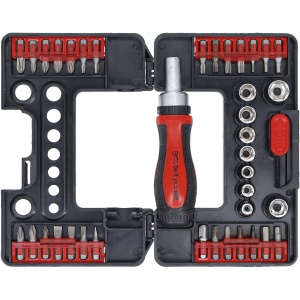 Set biti combinati cu antrenare hexagon 6.3 mm (1/4"), surubelnita cu clicket 125mm, 38 piese, BGS DIY 20138