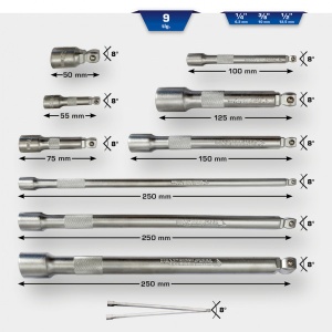 Set de prelungitoare 1/4" + 3/8" + 1/2", 9 piese, Brilliant Tools BT020009 - Img 4