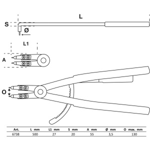 Cleste pentru inele de siguranta de interior 165mm-300mm, varfuri indoite la 90' cu diametru 3.5mm, lungime 500 mm, BGS 6738 - Img 2
