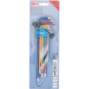 Set chei tip L multicoloră extra lungă profil T (pentru Torx) cu gaură şi cap sferic T10 - T50 9 piese, BGS 74465 - Img 4