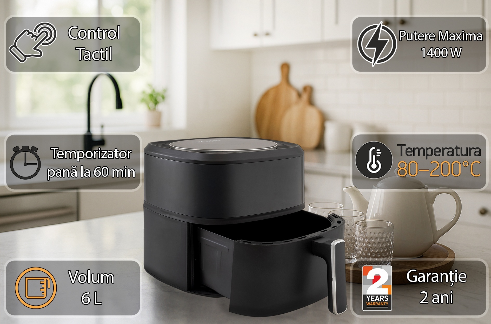 Friteuză cu aer cald BÖHM BDY-AF533R , 1400 W, 6 L, 6 Programe Control digital