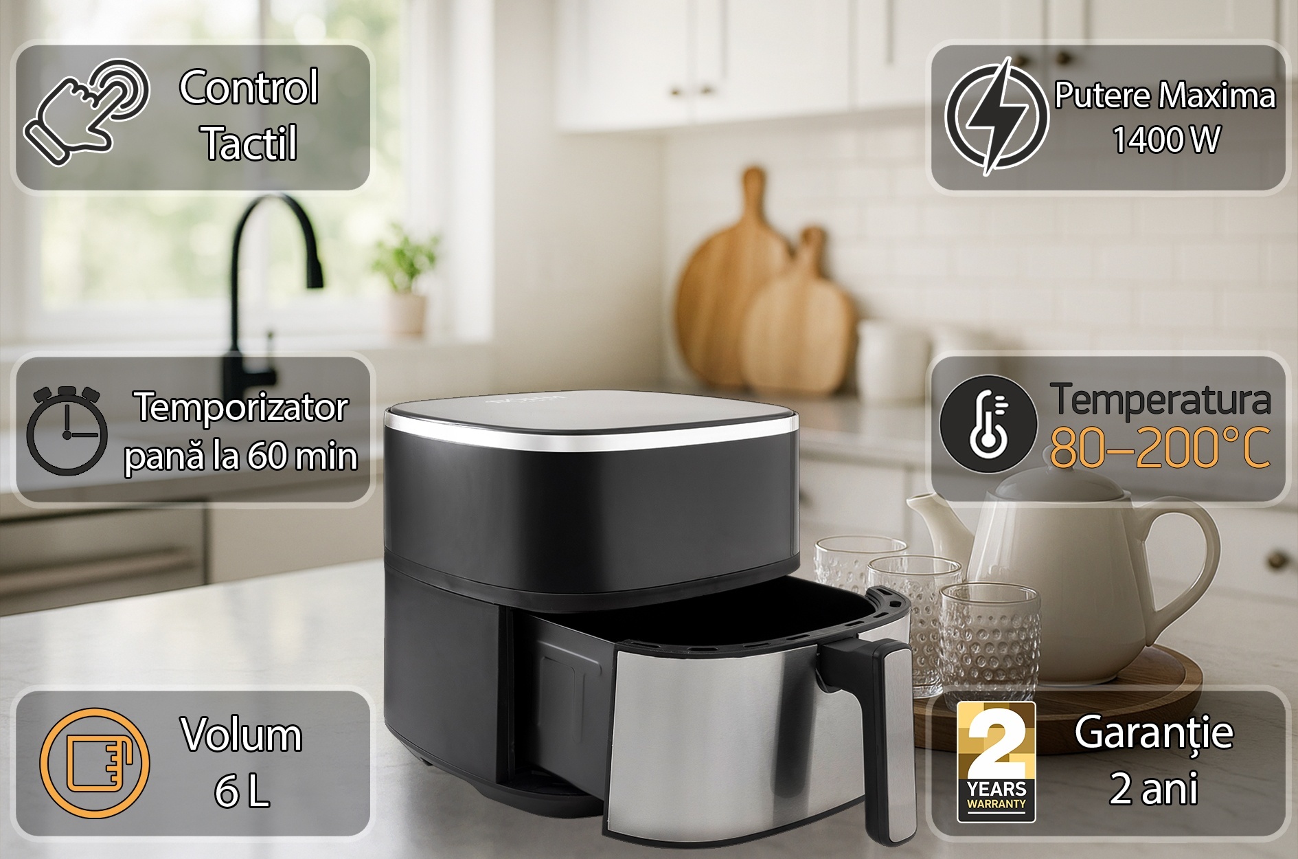 Friteuză cu aer cald BÖHM BDY-AF533R , 1400 W, 6 L, 6 Programe Control digital