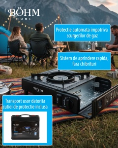 Plita cu un arzator pe gaz Camping BÖHM HOME BG-K-001, GPL, 2.3 kW, 33.5x19.5x9 cm - Img 11