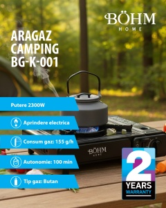 Plita cu un arzator pe gaz Camping BÖHM HOME BG-K-001, GPL, 2.3 kW, 33.5x19.5x9 cm - Img 8