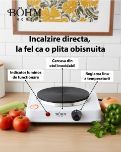 Plita electrica cu un ochi BÖHM HOME BE-H-002F-W, 1000 W, 22.5x26x6.5 cm - Img 2