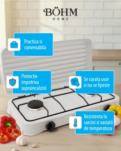 Plita cu doua arzatoare pe gaz si aprindere manuala BÖHM HOME BG-M-002-W, 4.4 kW, 55x32x7 cm - Img 3