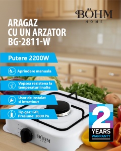 Plită cu un arzător pe gaz BÖHM HOME BG-2811-W alb, 29.5x29x6.5 cm - Img 2