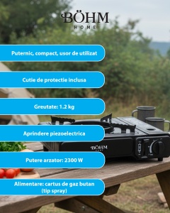 Plita cu un arzator pe gaz Camping BÖHM HOME BG-K-001+L, GPL, 2.3 kW, Racord metalic extern pentru furtun de gaz, 33.5x19.5x9 cm - Img 4