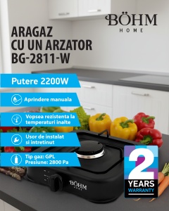 Plită cu un arzător pe gaz BÖHM HOME BG-2811-B Negru, 29.5x29x6.5 cm - Img 2